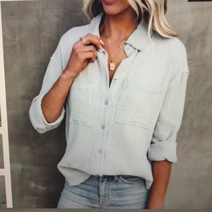 Cobie Cotton Frayed Button Down Top in Light Blue